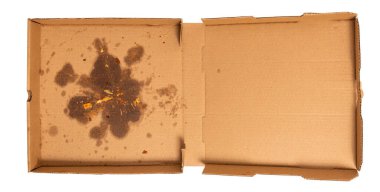 Beyaz üzerinde yağ lekeleri olan boş bir pizza kutusunun yatay görüntüsü. Boşluğu kopyala.