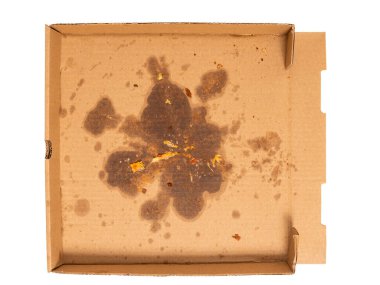 Beyaz üzerinde yağ lekeleri olan boş bir pizza kutusunun yatay görüntüsü. Boşluğu kopyala.