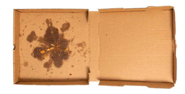 Horizontale Aufnahme Einer Leeren Pizzakiste Mit Fettflecken Isoliert Auf Weiß — Stockfoto