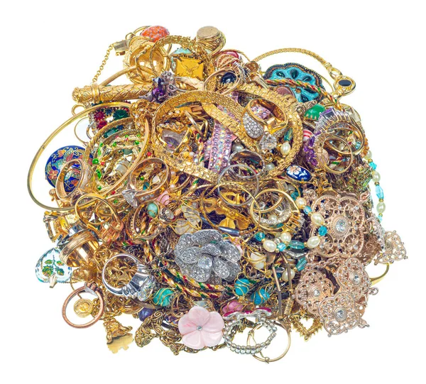 Horisontell Bild Ett Kluster Vintage Smycken Isolerade Vitt Med Kopieringsutrymme — Stockfoto