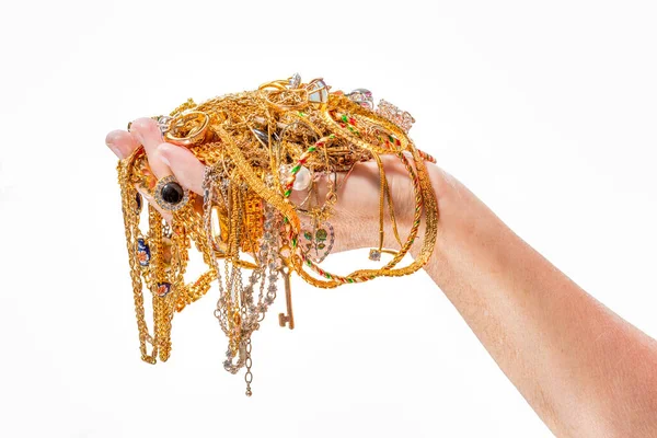 Горизонтальний Знімок Руки Жінки Тримає Золоті Прикраси Ізольовані Білому — стокове фото