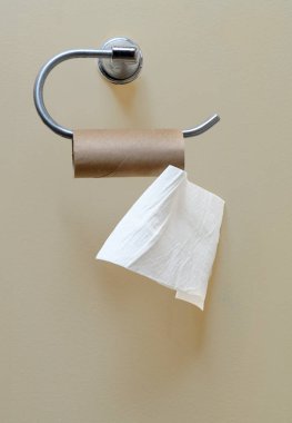 Banyo duvarındaki tuvalet kağıdı tutacağında asılı neredeyse boş bir tuvalet kağıdı rulosunun dikey görüntüsü..