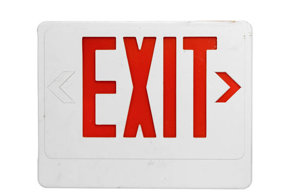 Horizontal close-up shot of a grungy old exit sign isolated on white.
