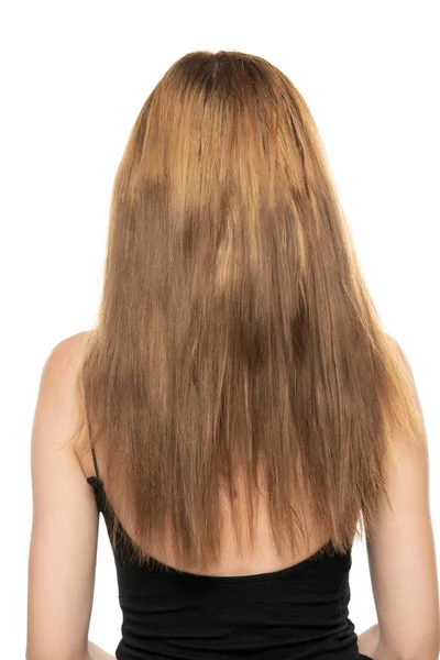 白いスタジオの背景に茶色の長い髪の若い女性のバックビュー — ストック写真