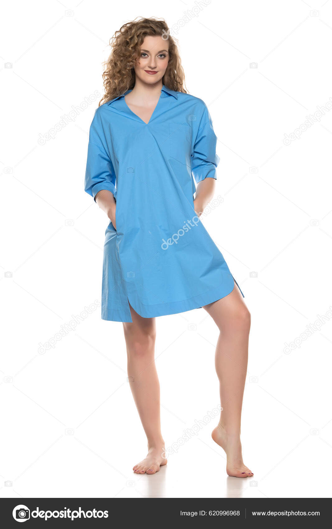 Young Tall Beautiful Barefoot Woman Long Blue Shirt White Background ...