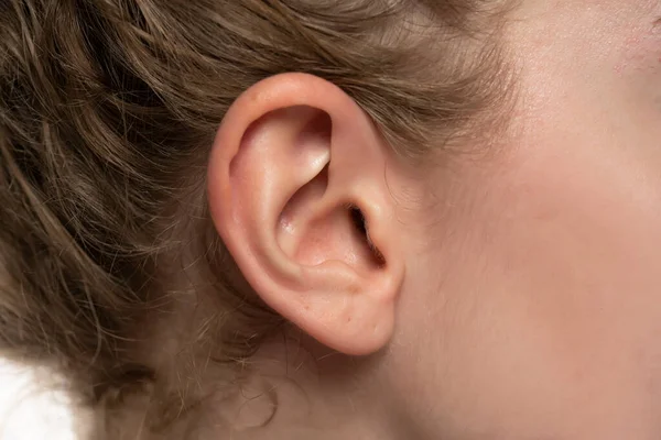 Detail Head Female Human Ear Blond Hair Close — Stock Photo, Image
