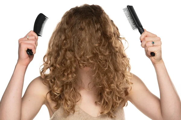 Woman Long Blonde Curly Hair Her Face Holding Hairbrush Comb — Stock Photo, Image