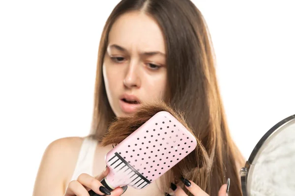 Unhappy Beautiful Woman Split Ended Hair Hair Care Concept — Stock Photo, Image