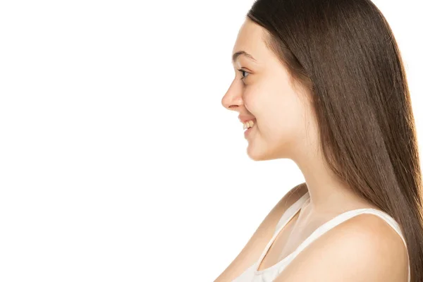 Profile Portrait Smiling Teenage Girl White Background — Stock Photo, Image