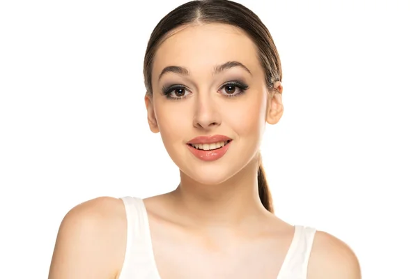 Belas Jovens Mulheres Sorridentes Com Maquiagem Fundo Branco — Fotografia de Stock
