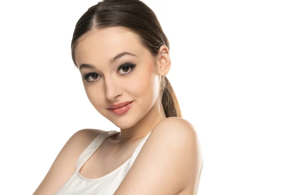 Beautiful Young Smiling Women Makeup White Studio Background — Stock Photo, Image