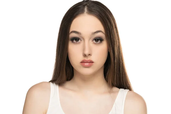 Hermosas Mujeres Jóvenes Serias Con Maquillaje Fondo Estudio Blanco — Foto de Stock