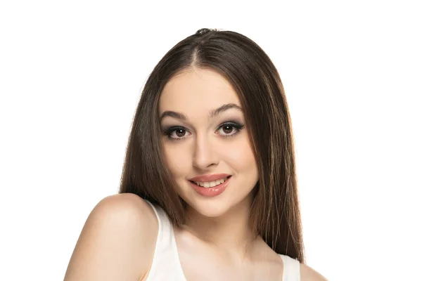 Piękne Młode Uśmiechnięte Kobiety Makijażem Białym Tle Studio — Zdjęcie stockowe