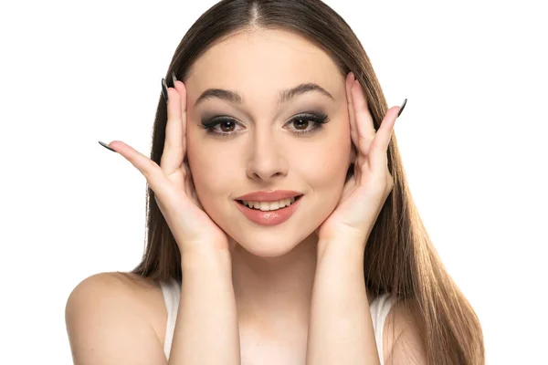 Young Beautiful Smiling Woman Tightening Her Face Skin Her Palms — Stock Photo, Image