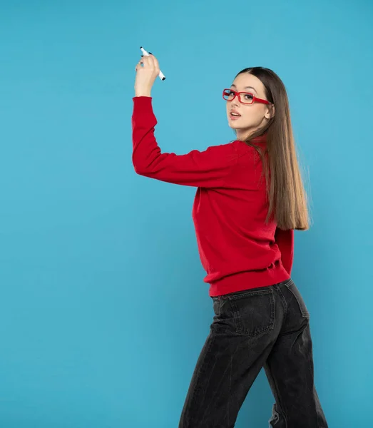Young Student Drawing Marker Blue Empty Space — Stock Photo, Image