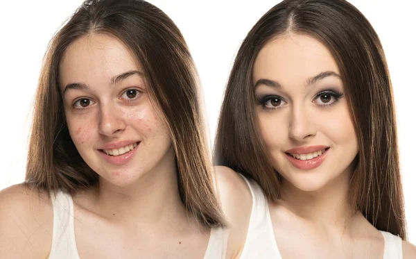 Jämförelse Porträtt Ung Kvinna Utan Och Med Makeup — Stockfoto