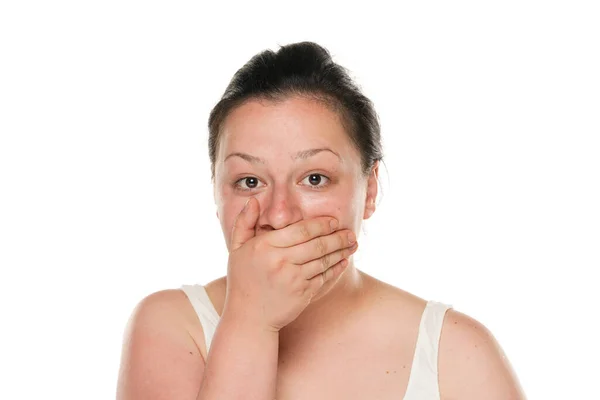 Young Shocked Chubby Woman Covering Her Mouth Her Hand White — Stock Photo, Image