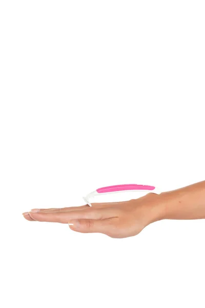 Female Hand Holds Disposable Pink Razor White Background — Stock Photo, Image