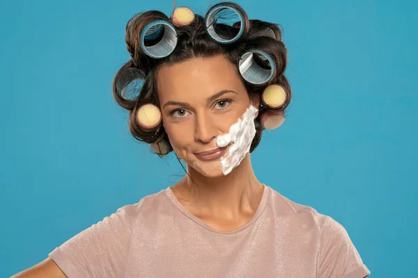Attractive Happy Woman Hair Curlers Rollers Posing Shaving Foam Her — Stockfoto