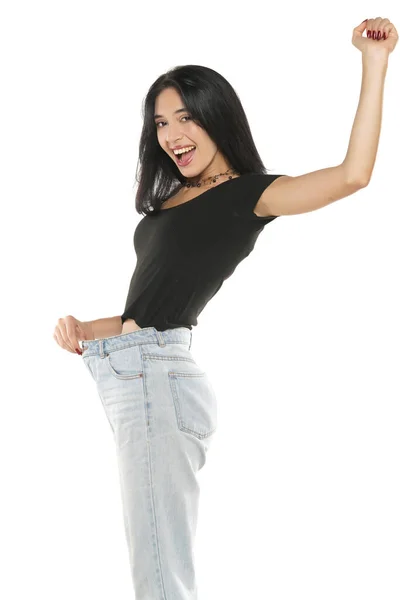 Weight Loss Happy Woman Isolated White Studio Background Slim Body — Stock Photo, Image