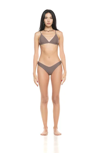 Young Brunette Woman Bikini Swimsuit Posing White Studio Background — Stock Photo, Image