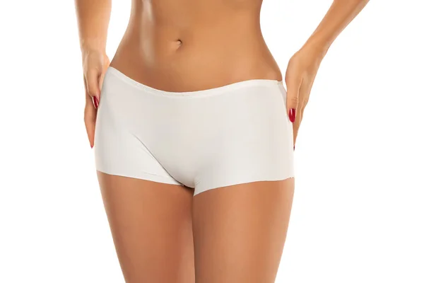 Mijlocul Secțiunii Femeie Care Poartă Pantaloni Albi Vedere Frontală Fundal — Fotografie, imagine de stoc