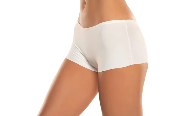 Mid Section Woman Wearing White Briefs Side View White Studio — Stock Photo, Image