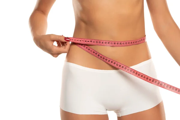 Woman Measuring Her Waistline White Studio Background Perfect Slim Body — Stock Photo, Image