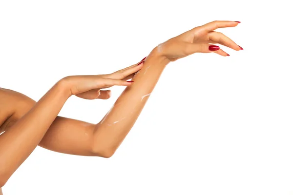 Close Female Soft Skin Hands Health Beauty Concept White Studio — Foto Stock