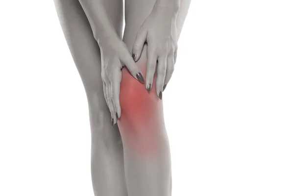 Woman Holding Her Painful Knee White Studio Background — Stock Photo, Image