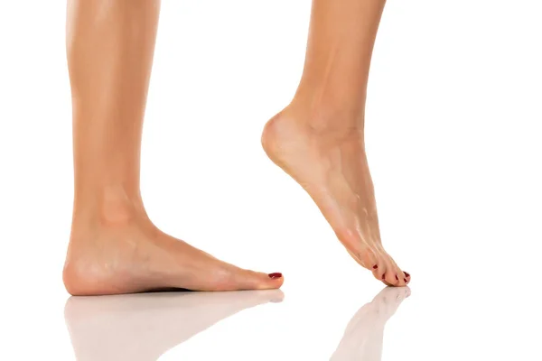 Side View Beautifully Cared Female Feet White Studio Background — Foto Stock