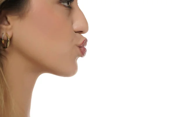 Крупным Планом Лицо Женщины Нос Сумочки Шея Профиль Вид Сбоку — стоковое фото