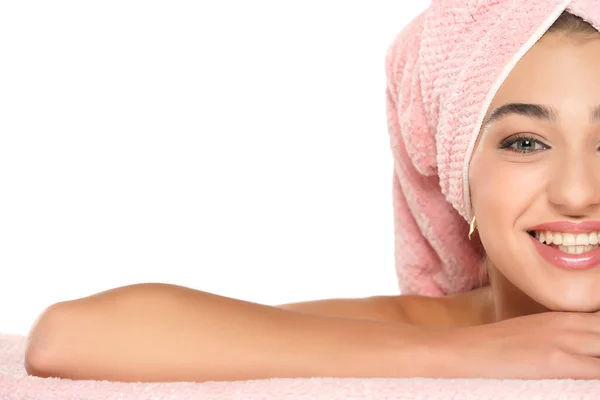 Half Portrait Pretty Smiling Young Woman Lying Towel Her Head — Stock Photo, Image
