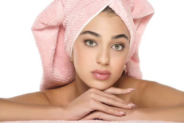 Pretty Young Woman Lying Towel Her Head White Studio Background — Stock Photo, Image