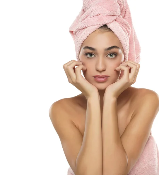 Pretty Young Woman Towel Her Head Posing White Studio Background — Stock Photo, Image