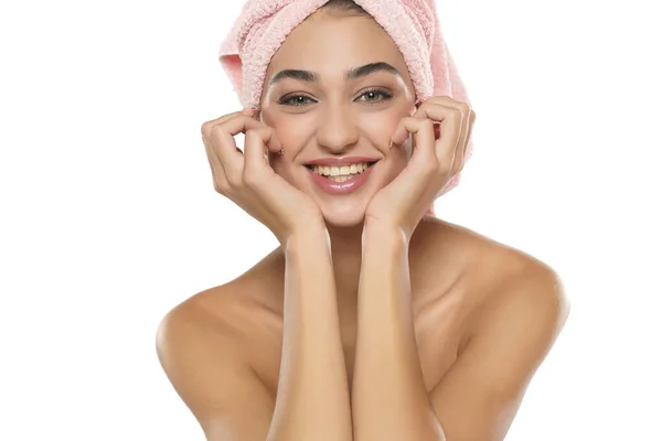 Pretty Young Smiling Woman Towel Her Head Posing White Studio — Stock Photo, Image