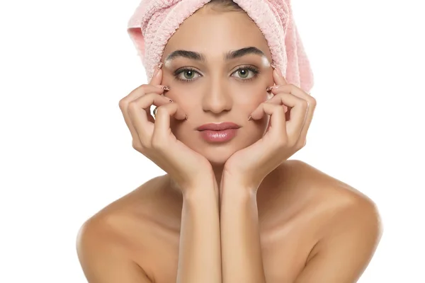 Pretty Young Woman Towel Her Head Posing White Studio Background — Stock Photo, Image