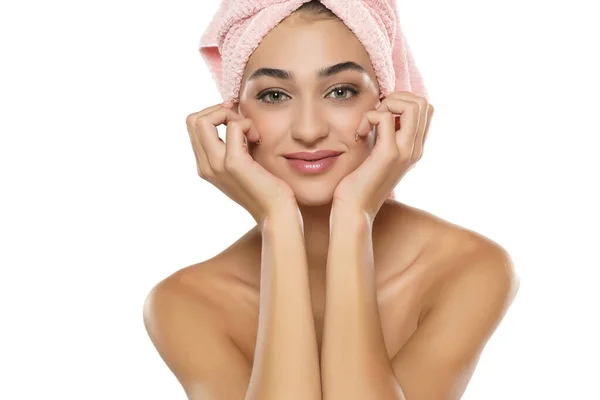 Pretty Young Smiling Woman Towel Her Head Posing White Studio — Stock Photo, Image