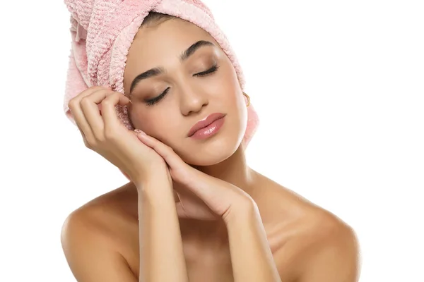 Pretty Young Woman Towel Her Head Closed Eyes Posing White — Stock Photo, Image