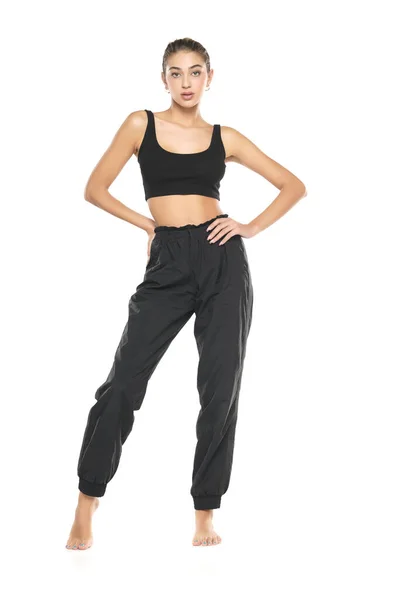 Young Barefeet Woman Black Sweatpants Tank Top White Studio Background — Stock Photo, Image