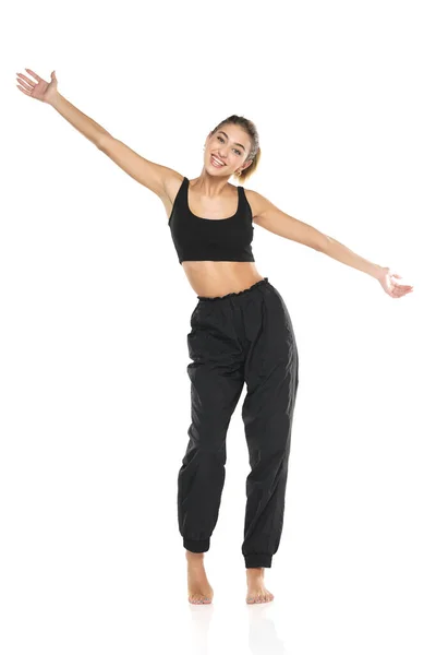 Young Barefeet Happy Woman Black Sweatpants Tank Top White Studio — Stock Photo, Image