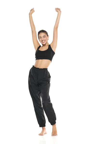Young Barefeet Happy Woman Black Sweatpants Tank Top White Studio — Stock Photo, Image