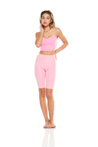Young Barefeet Woman Pink Short Leggings Top Posing White Studio — Stock Photo, Image