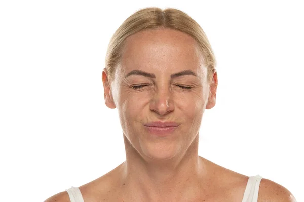 Portrait Senior Woman Make Close Sour Face Mature Blonde Woman — Stock Photo, Image