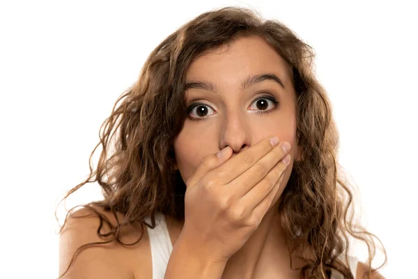 Young Beautiful Shocked Girl Covering Her Mouth Her Hands White Royalty Free Stock Photos