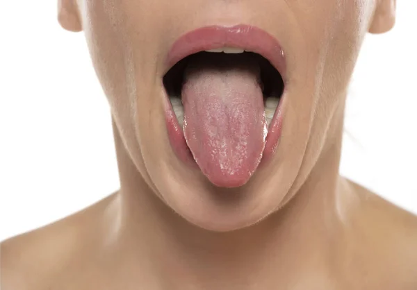 Woman Showing Tongue White Studio Background Close Front View — Stock Photo, Image