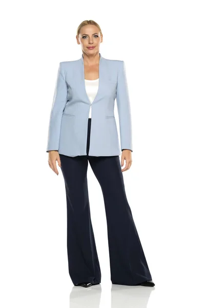 Middle Aged Senior Woman Wearing Blue Jacket Black Trousers White — Stock Photo, Image