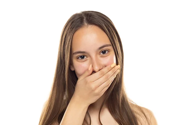 Ashamed Young Woman Hiding Her Smile Wih Her Hqnd White — Stock Photo, Image