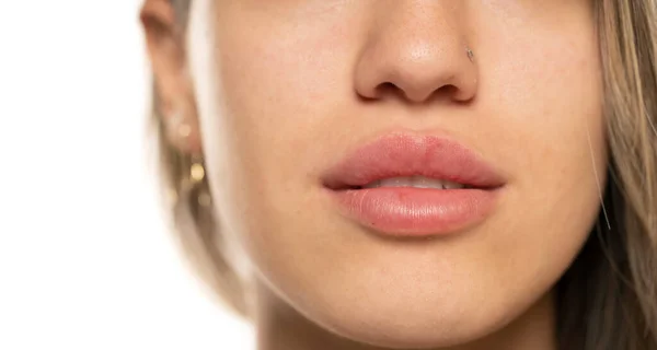 Part Face Young Woman Close Sexy Plump Lips Makeup — Stock Photo, Image