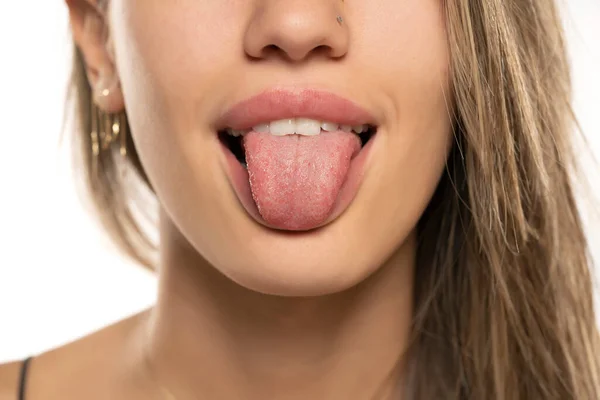 Front View Woman Tongue Close — Photo